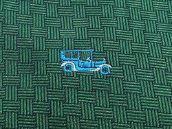 Novelty Tie Embroidered Vintage Blue Cars On Dark Green Silk Men Necktie 29