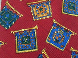 Designer Tie Valentino Flag Logos on Burgundy  Blue Silk Men NeckTie 30