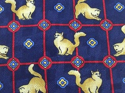 VAN LINNEN Silk Tie - Navy with Playful Felines Pattern 38