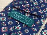 ANDREW'S TIES Italian Silk Tie - Blue w Red, Green & White Design Pattern 36