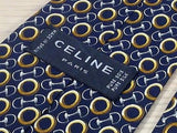 CELINE Paris Silk Tie - Made in Spain - Navy w Gold & Silver Buckle Pattern 36