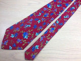 LUCIANO Italian Silk Tie - Dark Red with Blue Floral/Butterfly Pattern 27