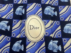 Animal Tie Christian Dior Fish in Boxed Pattern on Navy Blue Silk Men Necktie 32