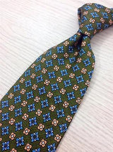 Geometric TIE Blue & Peach Snowflake Dot on Green Silk Necktie 1